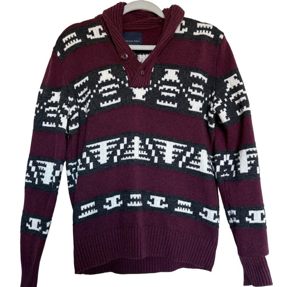 American Eagle Shawl Collar Sweater M Burgundy Aztec Knit Pullover